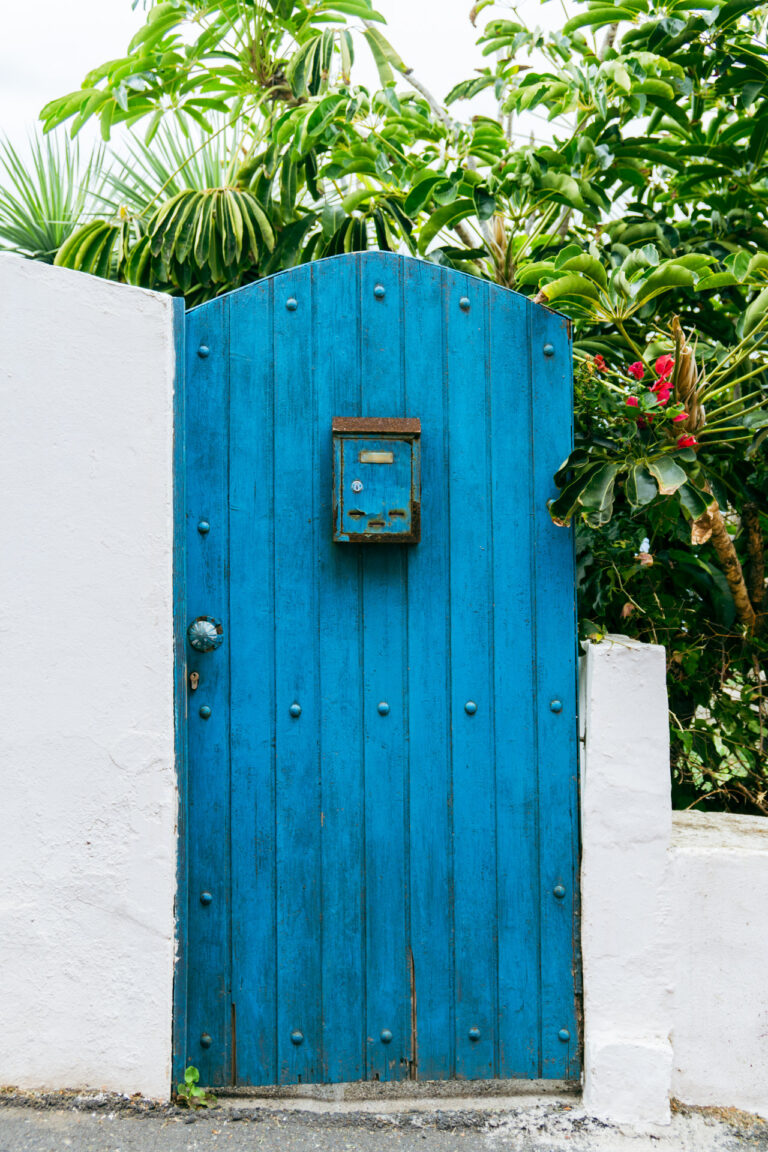 La Gomera blaue Gartentüre Postkasten weiße Wand mit Palmen im Hintergrund